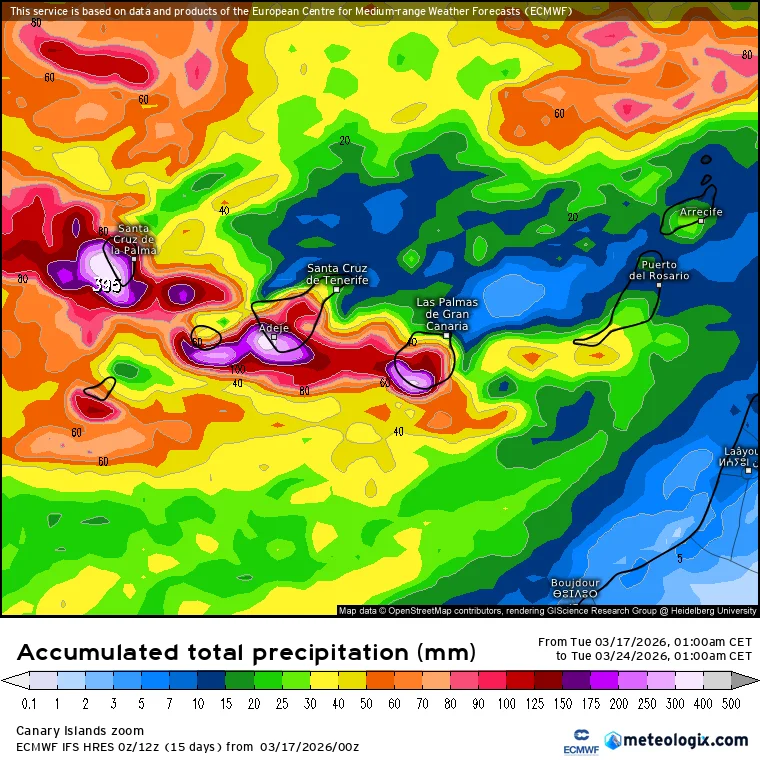 Mapa de precipitación acumulada durante la borrasca Therese en Canarias