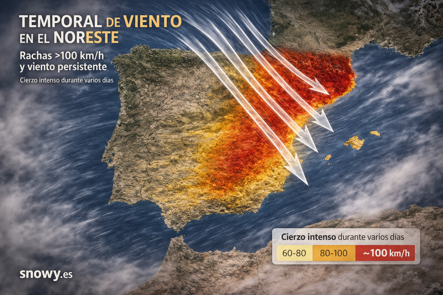 Temporal de viento en el noreste de España: más de 100 km/h