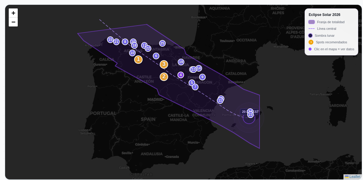 Mapa de la franja de totalidad del eclipse 2026 cruzando España de noroeste a sureste