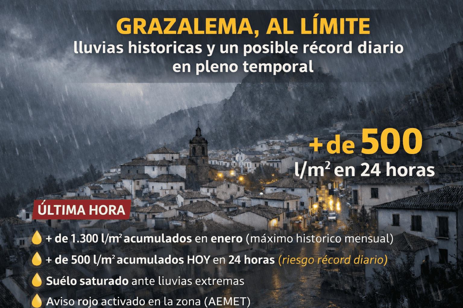 Grazalema al límite: más de 500 L/m² en 24 horas y un récord histórico al alcance